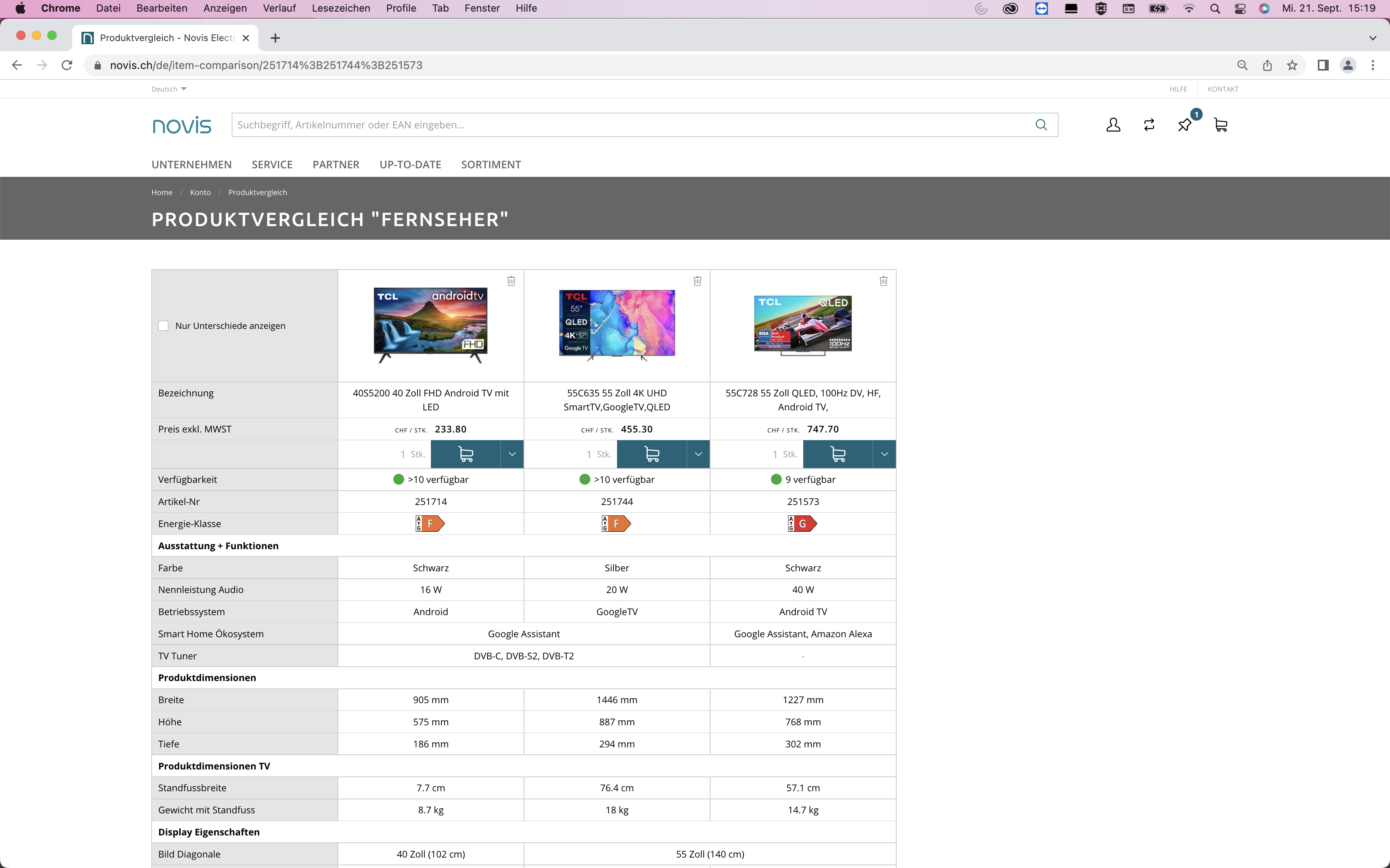 Screenshot vom novis Onlineshop für den B2B Händler. Es sind 3 TV abgebildet als Vergleich.
