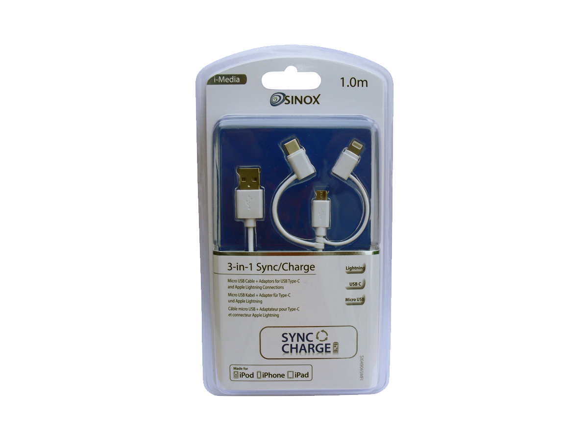 SXi49065MFI - USB C/Lightning/Micro USB Adaptor Cable