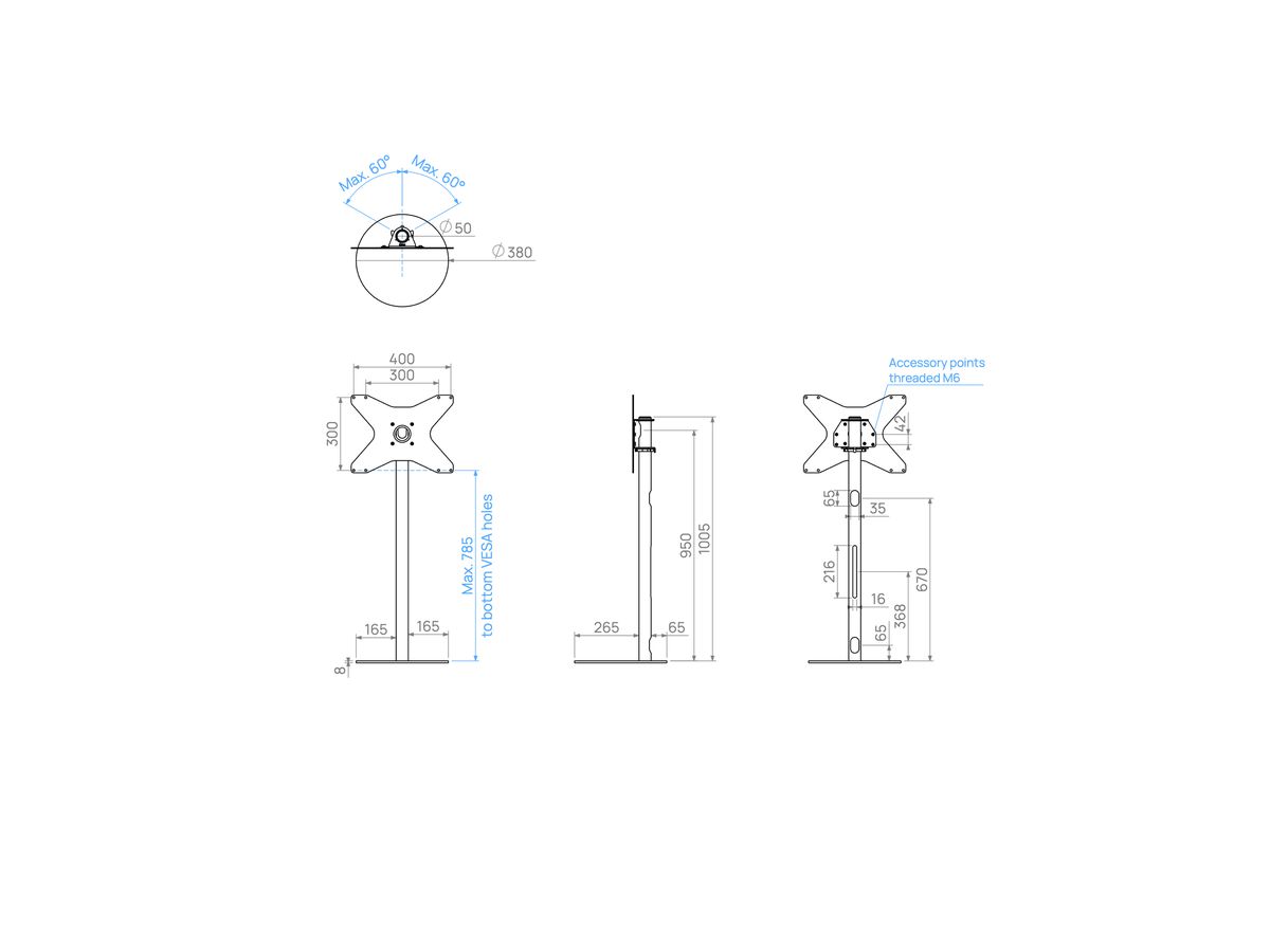 GATE100S43 - Support TV GATE, acier inox, 1m, 400x300