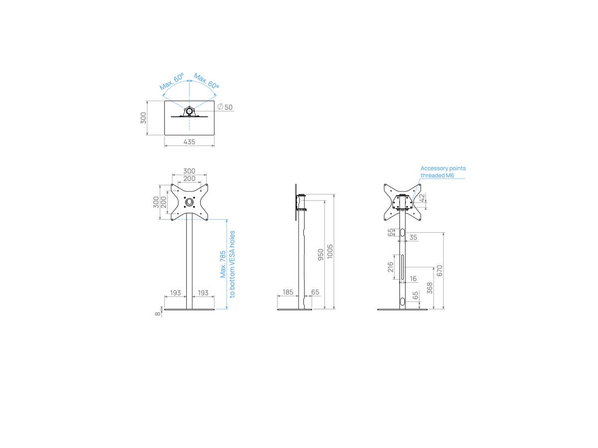 TILE100S33 - Support TV TILE, acier inox, 1m, 300x300