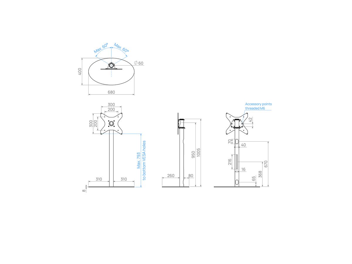 ELLIPS100S33 - Support ELLIPS, acier inox, 1m, 300x300