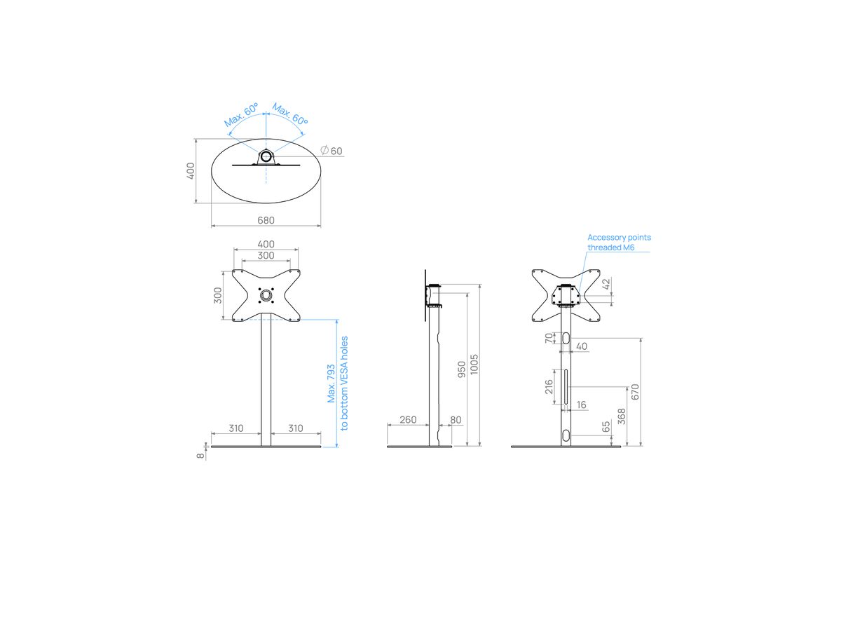 ELLIPS100S43 - Support ELLIPS, acier inox, 1m, 400x300