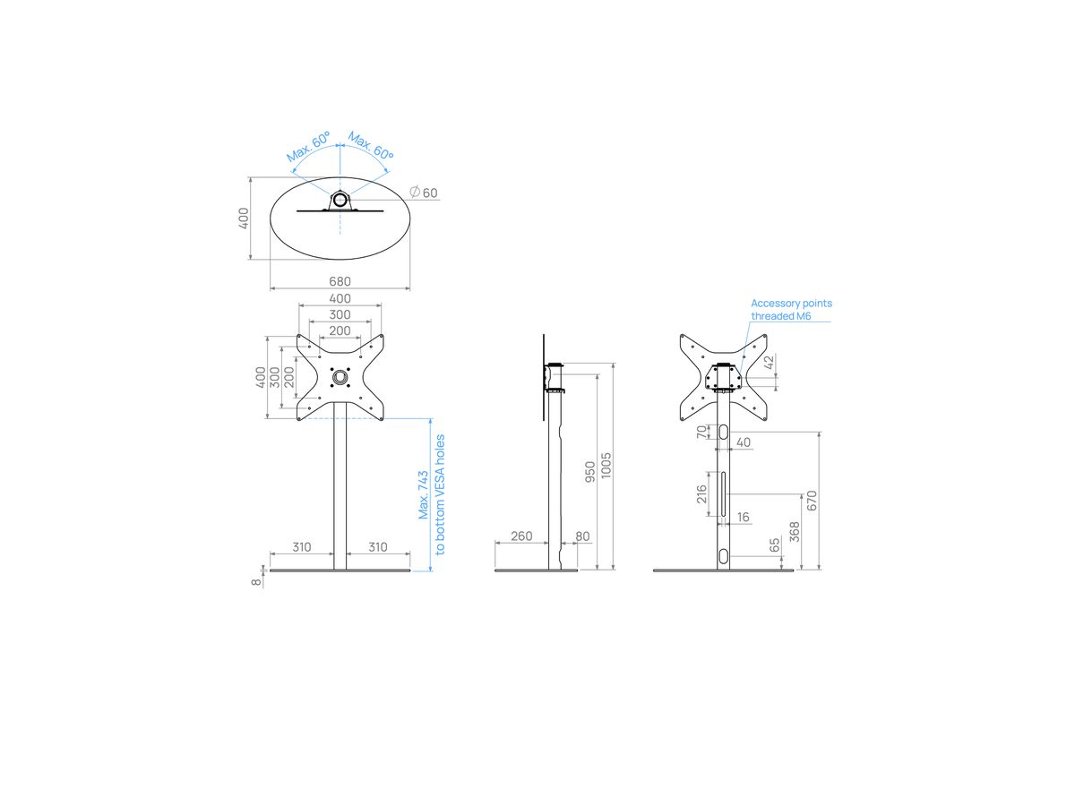 ELLIPS100S44 - Support ELLIPS, acier inox, 1m, 400x400