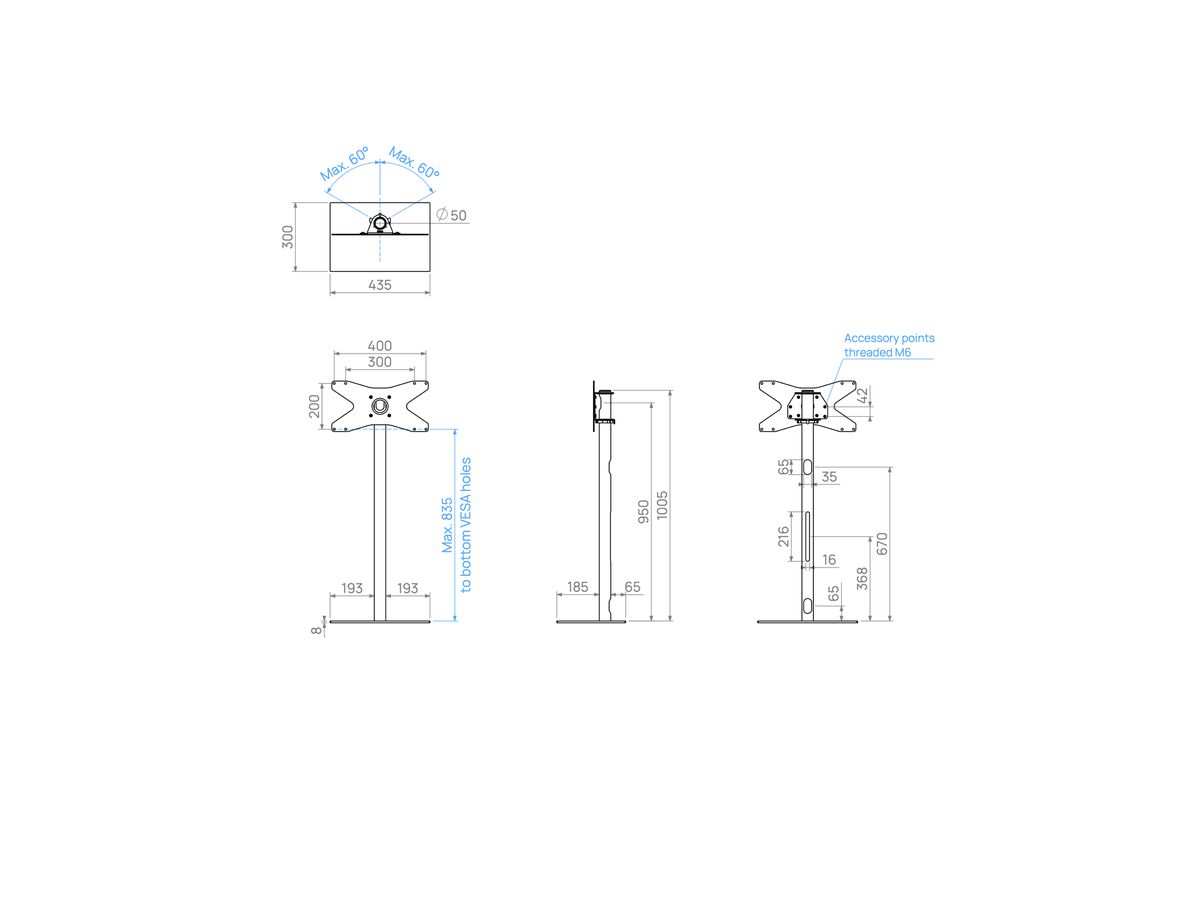 TILE100S42 - Support TV TILE, acier inox, 1m, 400x200