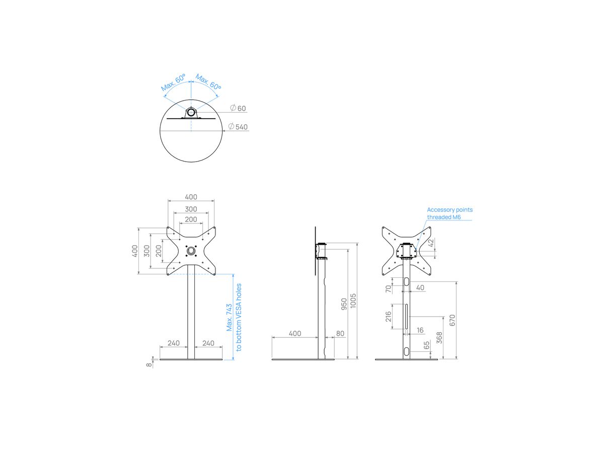 SPHERE100S44 - Support SPHERE, acier inox, 1m, 400x400