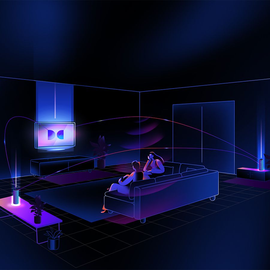 Grafische Illustration über den Surround Sound von Dolby Atmos auf schwarzem Hintergrund mit leuchtenden Linien in Blau und Violett