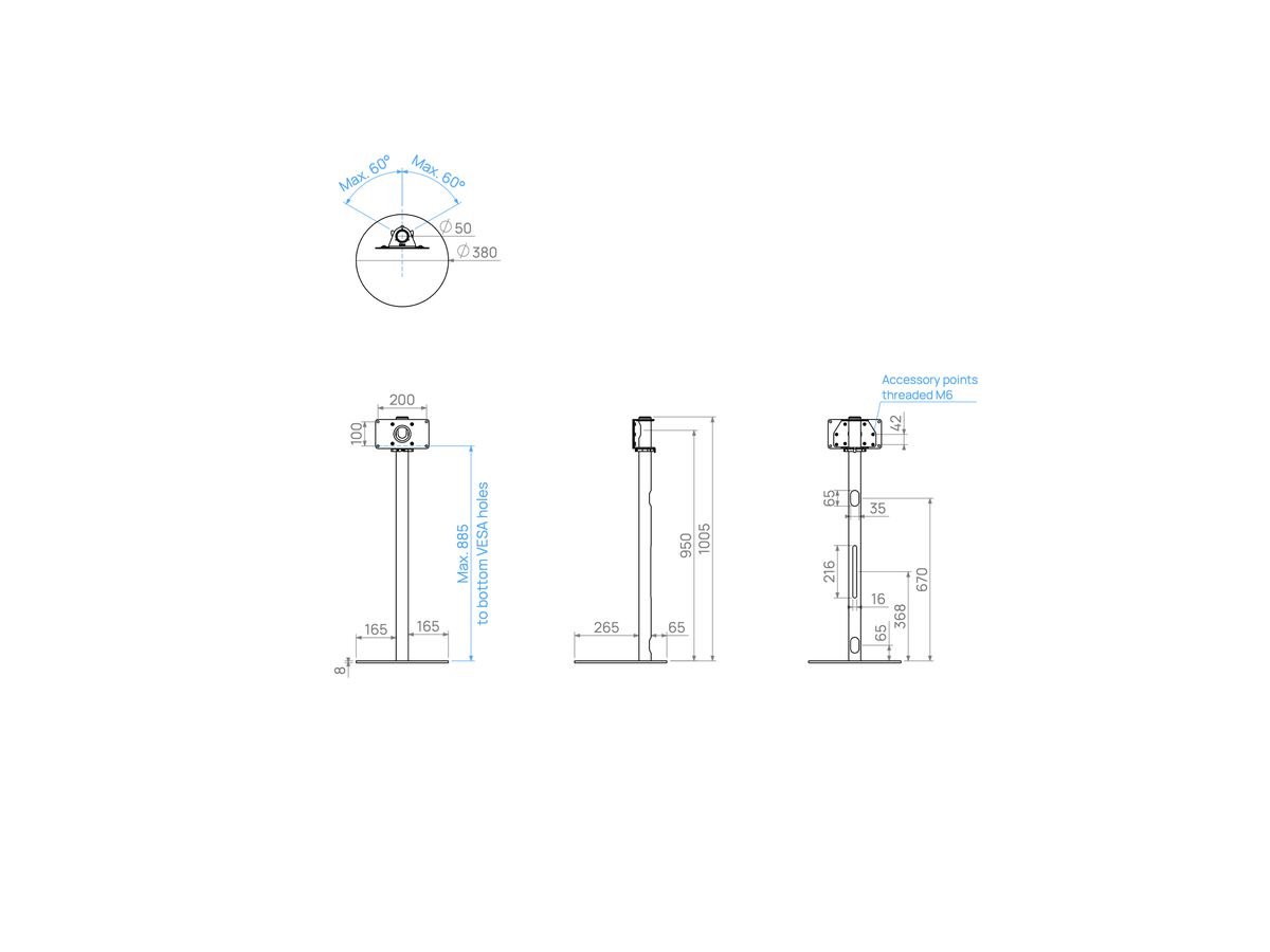 GATE100S21 - Support TV GATE, acier inox, 1m, 200x100