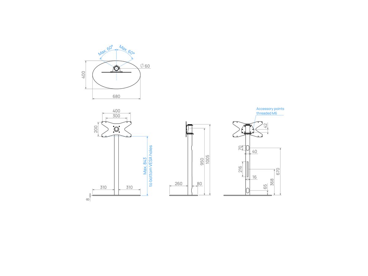 ELLIPS100S42 - Support ELLIPS, acier inox, 1m, 400x200