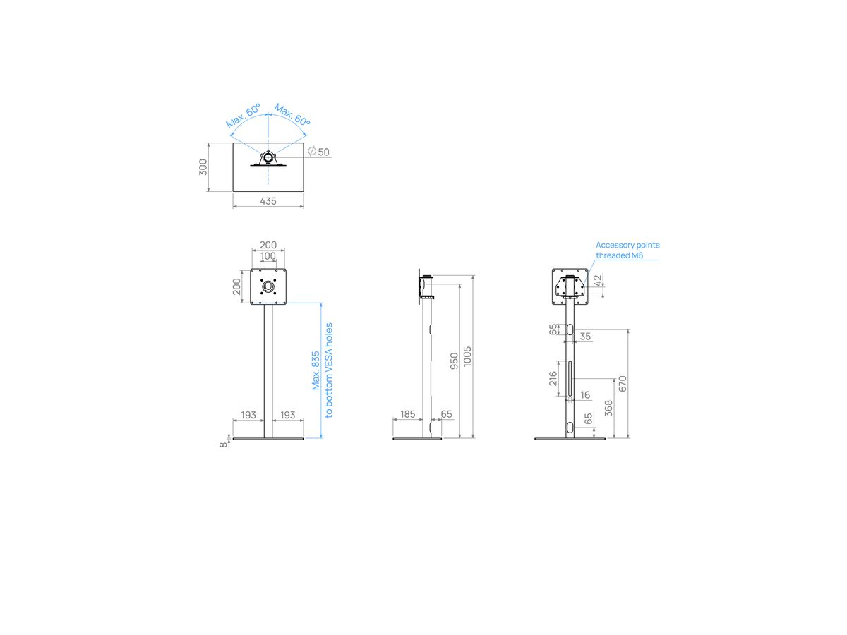 TILE100S22 - Support TV TILE, acier inox, 1m, 200x200