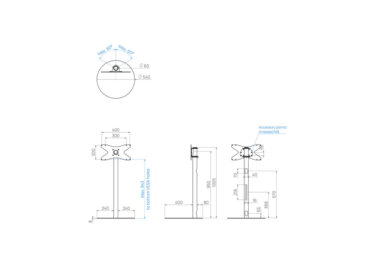 SPHERE100S42 - Support SPHERE, acier inox, 1m, 400x200