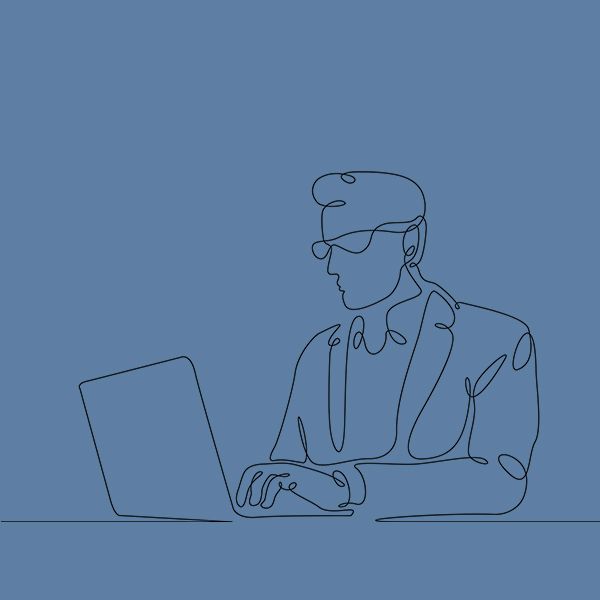 Linienzeichnung eines Büromitarbeiters am Schreibtisch