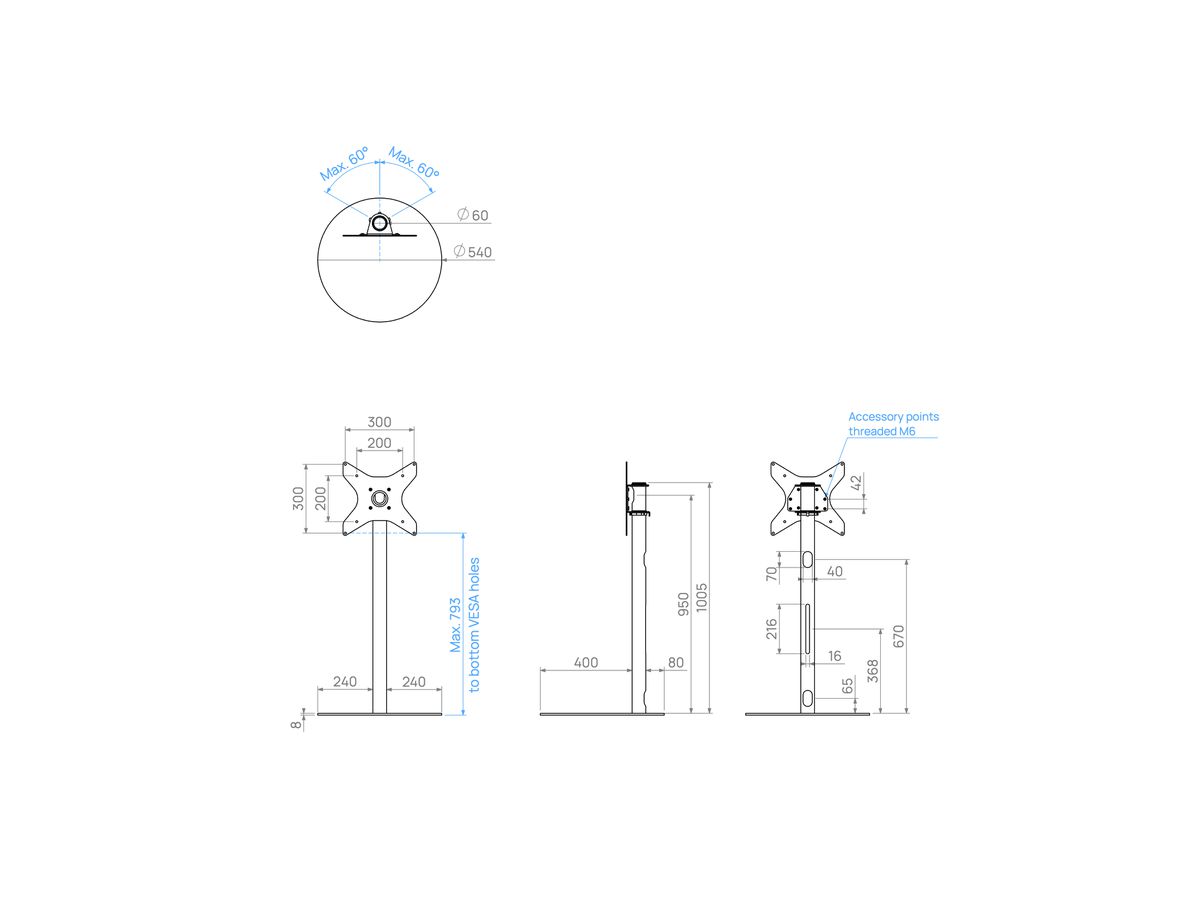 SPHERE100S33 - Support SPHERE, acier inox, 1m, 300x300