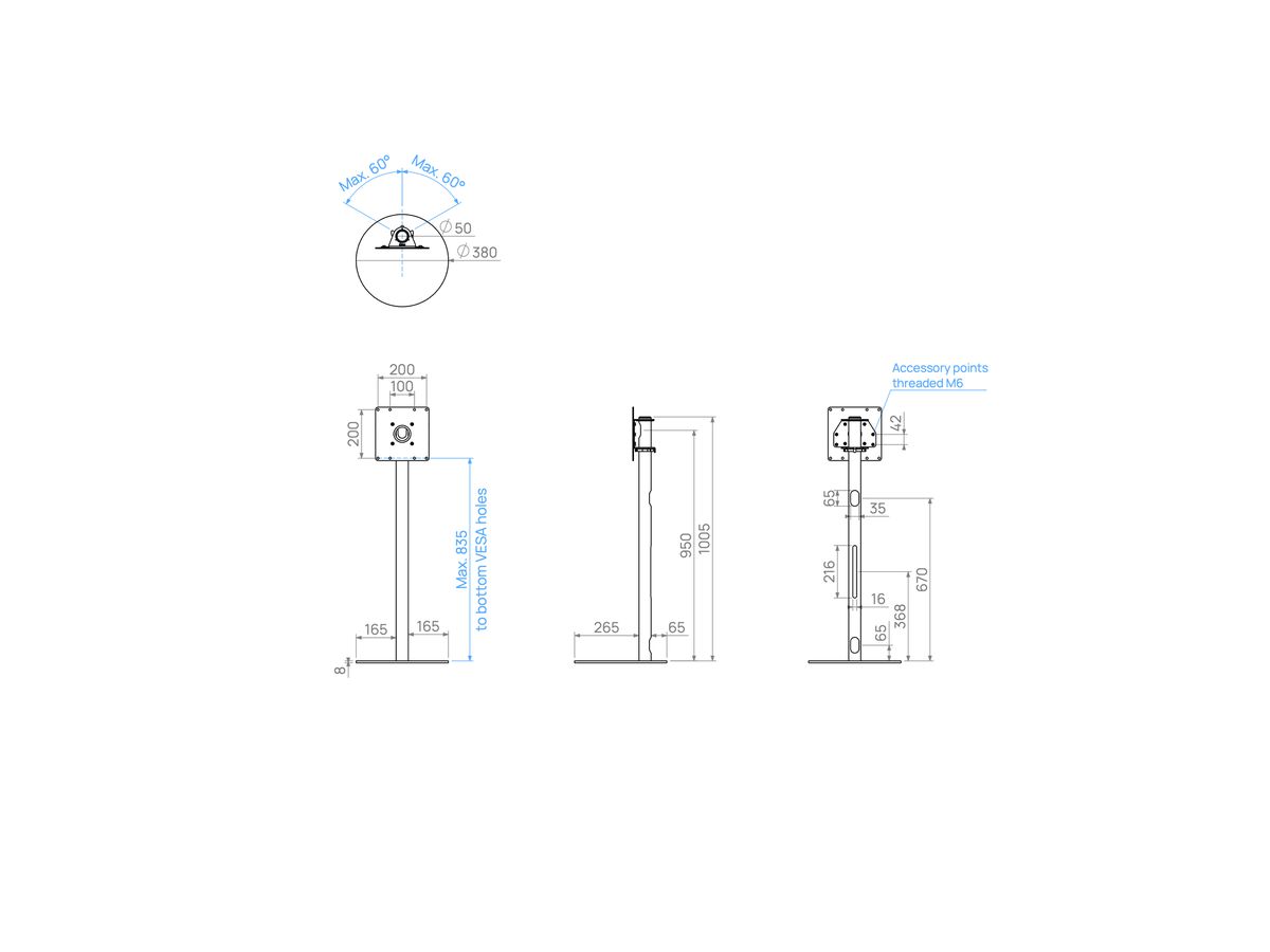 GATE100S22 - Support TV GATE, acier inox, 1m, 200x200