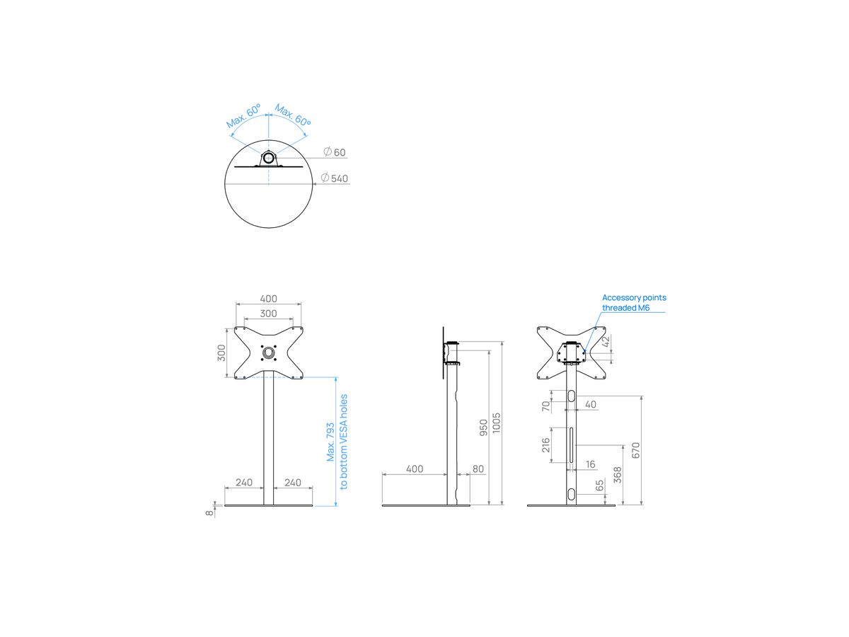 SPHERE100S43 - Support SPHERE, acier inox, 1m, 400x300